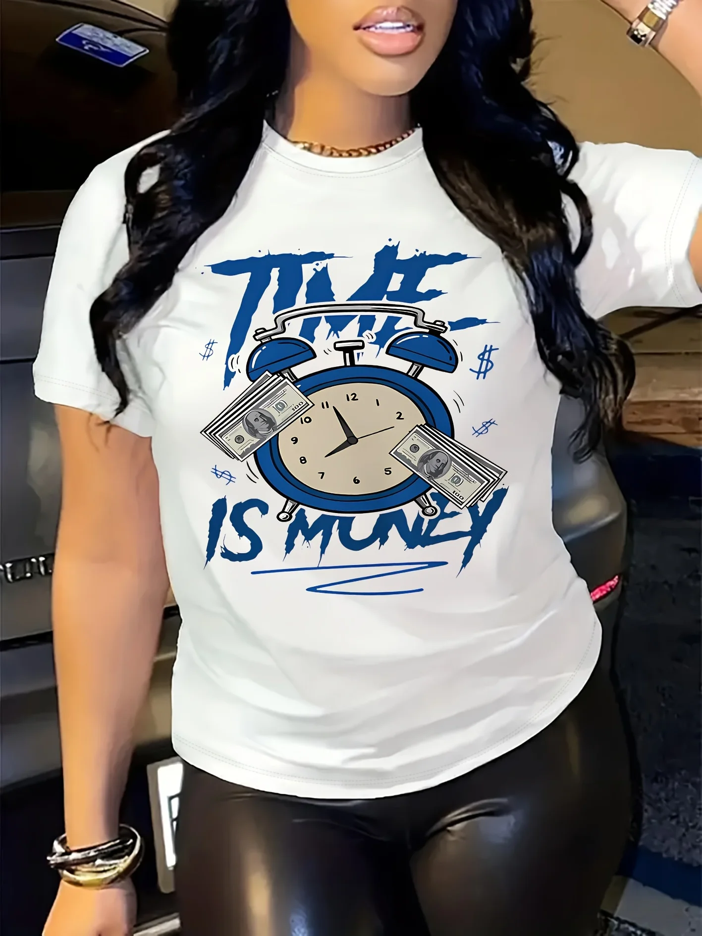 

Women's Dollar & Clock Print Crew Neck Short Sleeve T-Shirt for Spring & Summer