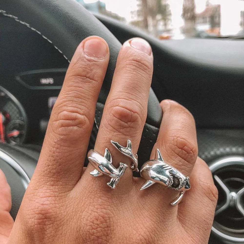 New Shark Ring Set 2 Pieces Womens Men\'s Adjustable Open Ring Simple Creative Trend Punk Style Metal Ring Unisex Party Jewelry