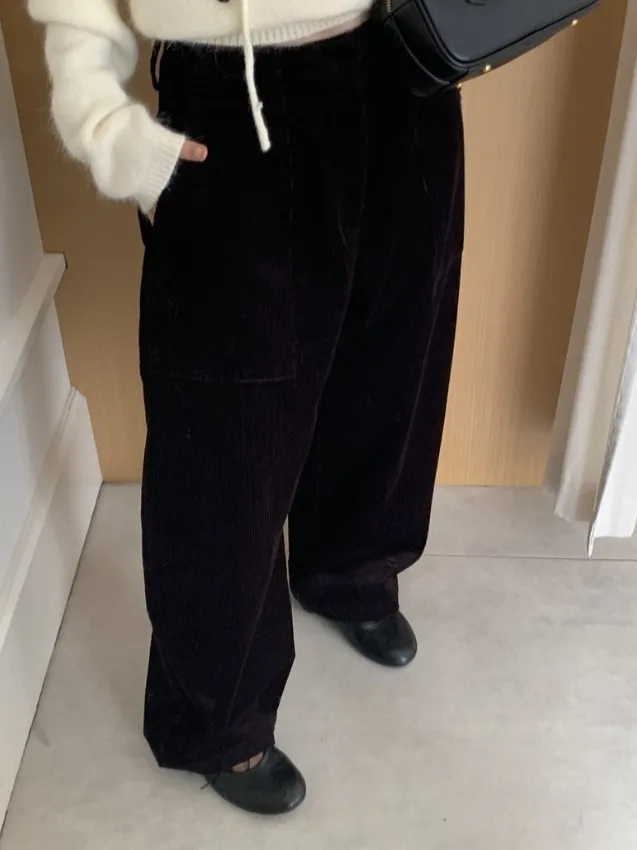 الرجعية كسول Sle Thi سروال قصير بنطال ذو قصة أرجل واسعة المرأة الخريف الشتاء عادية المنجل السراويل الكورية Sle عالية الخصر فضفاضة تناسب #4