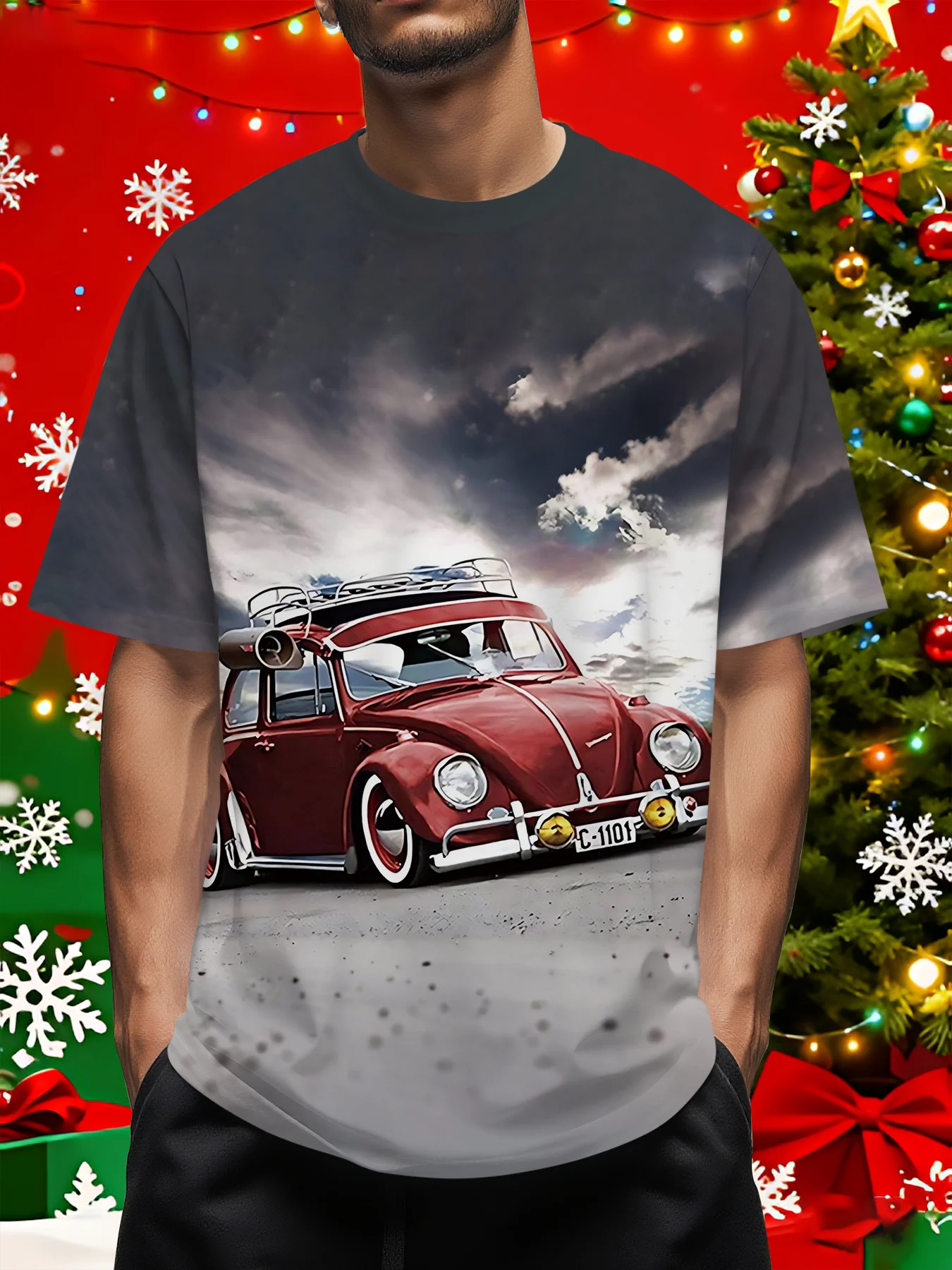 Men's Vintage Beetle Car Christmas Print T-Shirt Casual O-Neck Short Sleeve Xmas Holiday Graphic Tee Tops