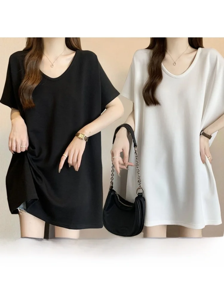 Women's Mid-Length Short-Sleeve T-Shirt Summer Fashion Loose Casual Slimming plus Size Versatile  Color Butt Covering Top