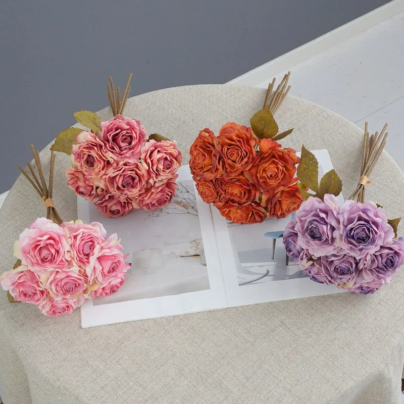 Bouquet de 4/5 roses artificielles en soie à bords brûlés, décoration de restaurant, simulation de rose orange, fleur artificielle