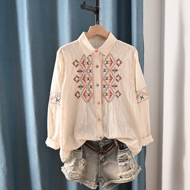 Boho Vintage White Ethnic Floral Embroidery Blouses Shirts Women Tops Casual Lapel Loose Blouse Summer Beach Blusas