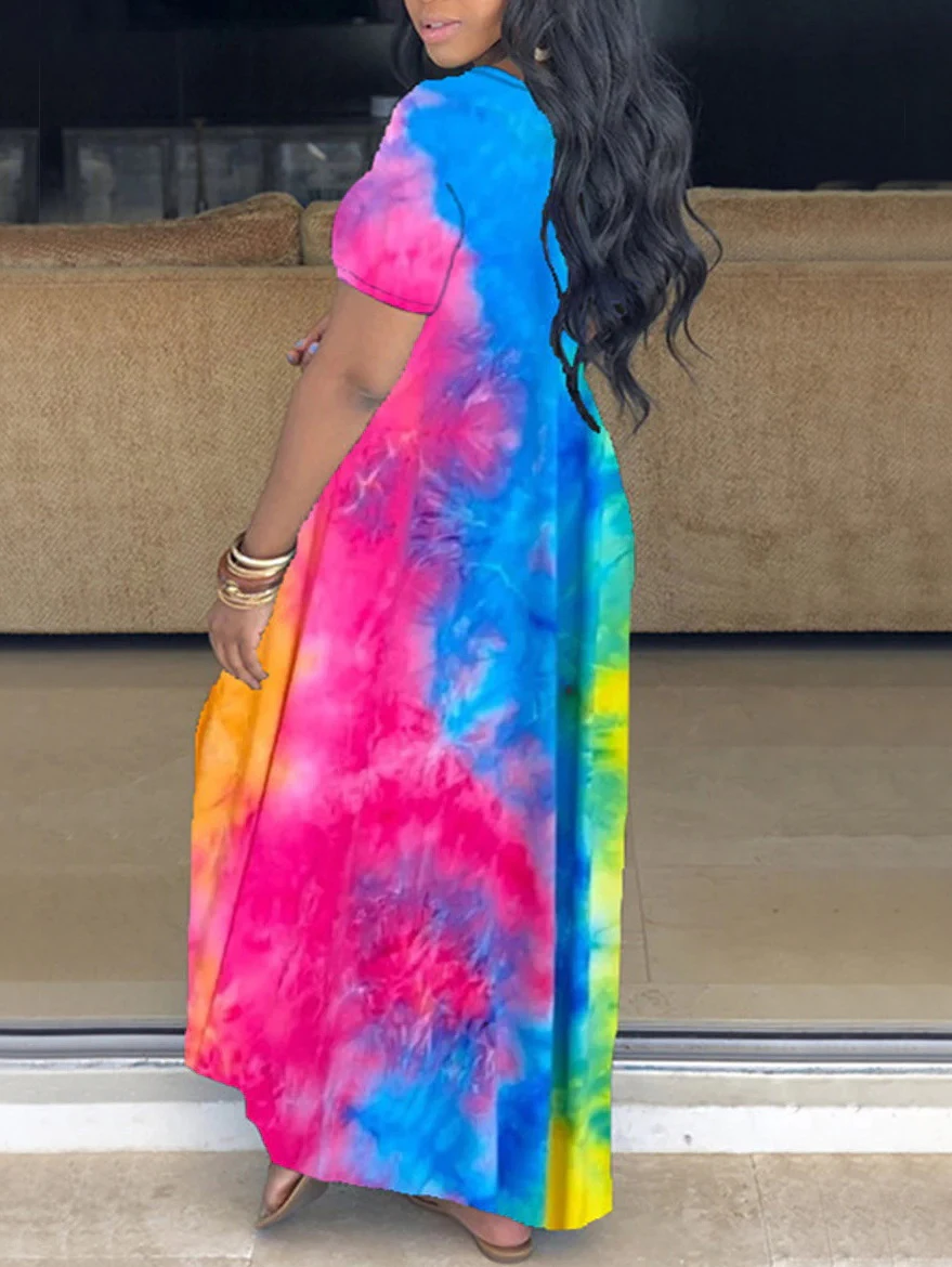 LW Plus Size dresses V Neck Tie Dye Loose Dress summer short sleeve long dress vestido casual loose maxi dress women's clothing