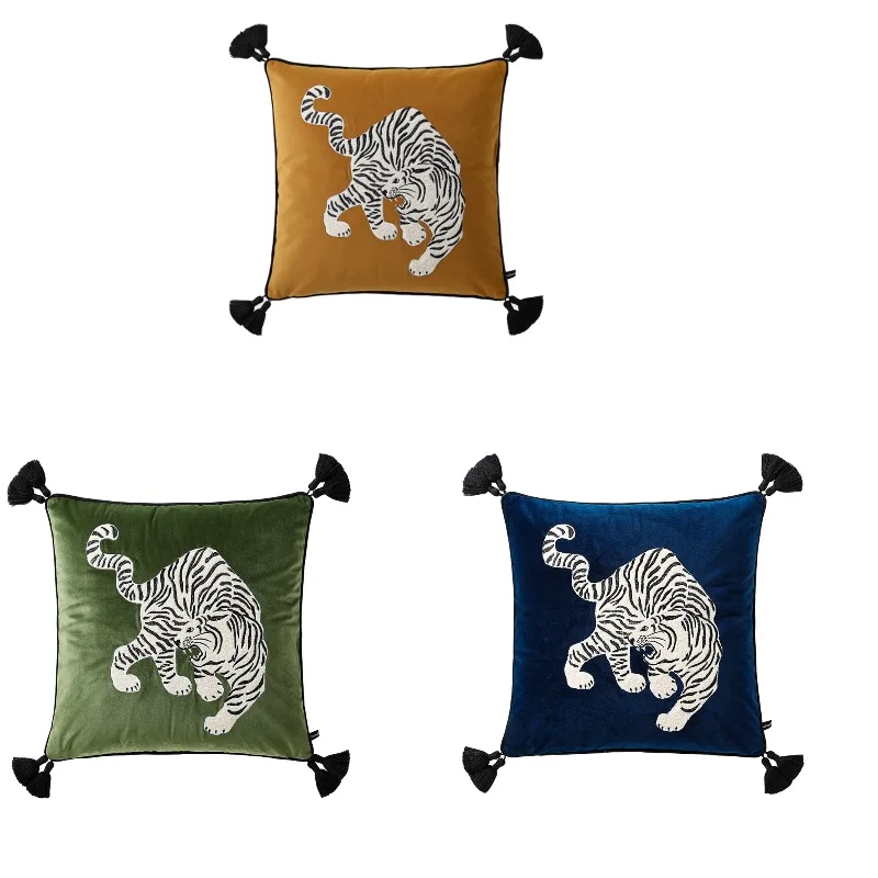 White Tiger Embroidery Pillows Ginger Green Blue Cushion Case 45x45 50x50 Luxury Decorative Pillow Cover For Sofa Home Decor