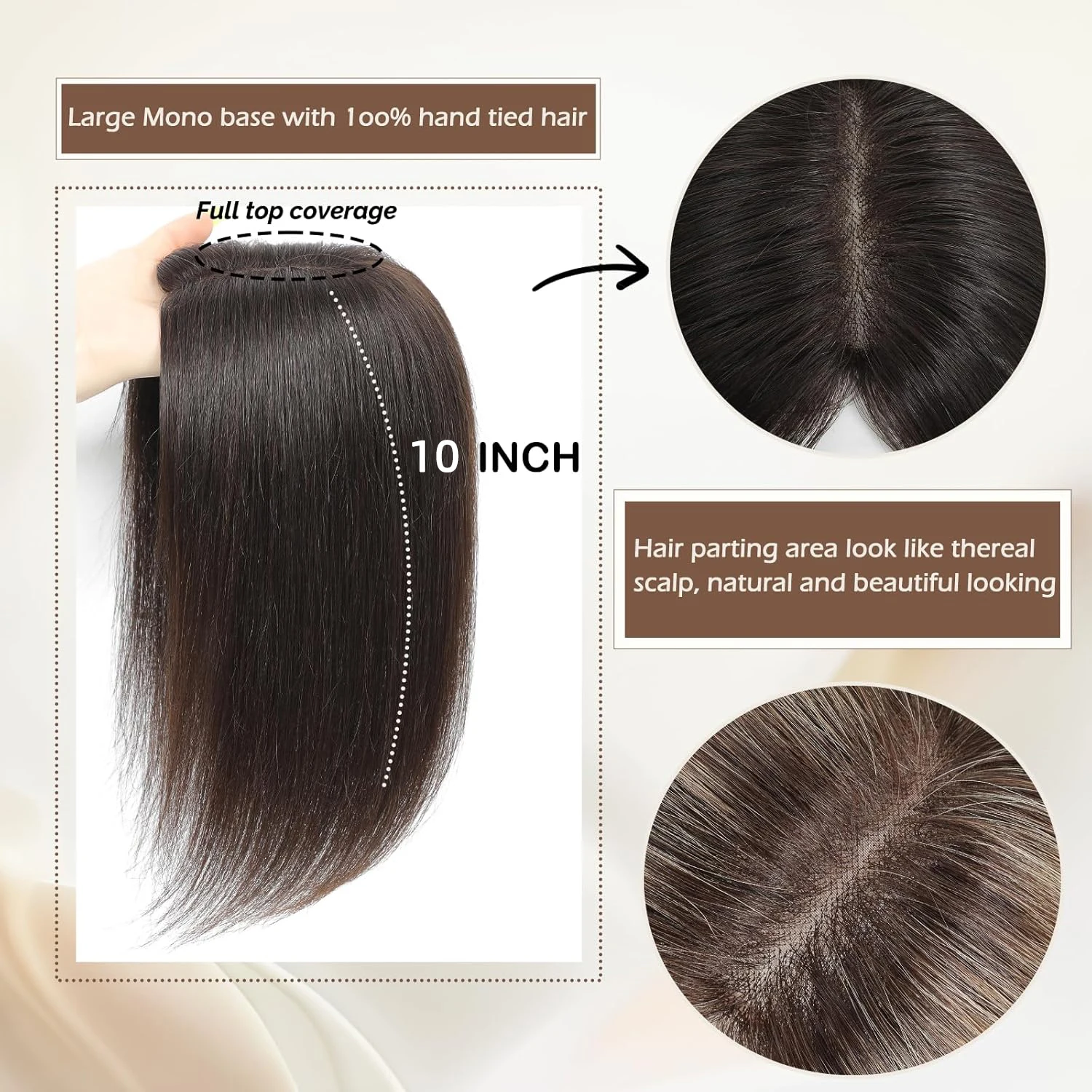 100% Human Hair Topper for Women 10 Inch Natural Black Hair Toppers Base Hairpieces for Thinning Hair