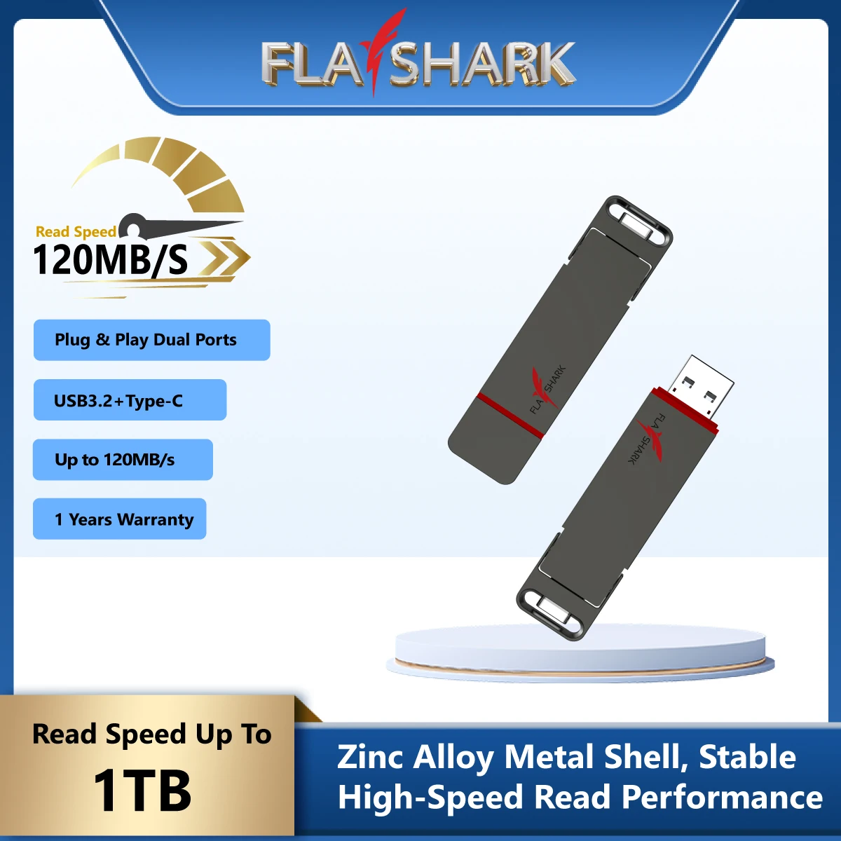 FLASHARK TU200 Pro 1TB USB3.2 Gen2 Solid State Pen Flash Drive 430MB/s High Speed Metal Case USB-C OTG Flash Stick