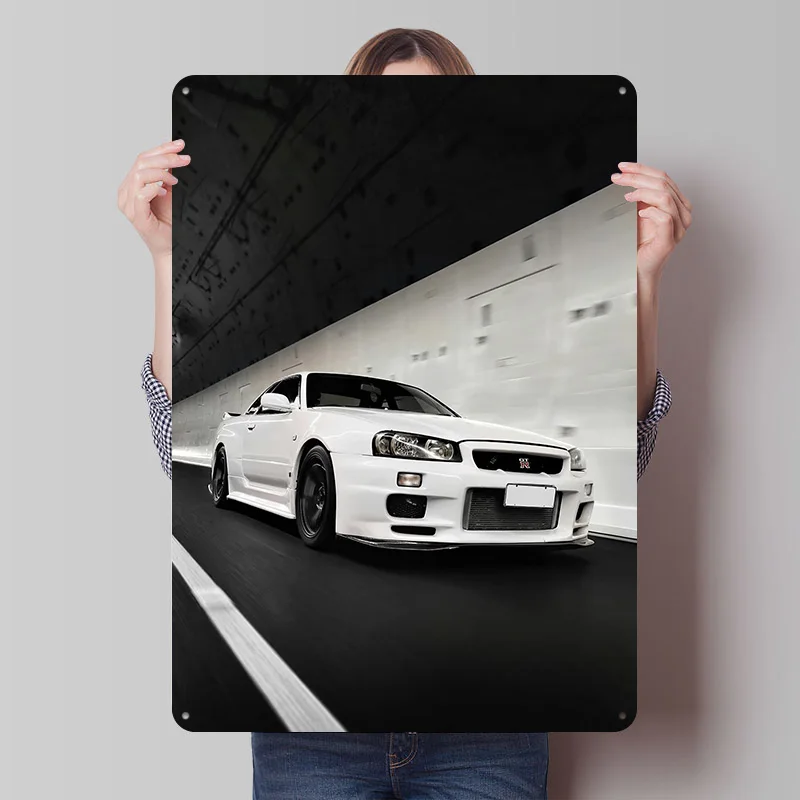 White Sports Car Skyline R34 in Tunnel Printed Poster Customized Wall Art Retro Vintage Metal Tin Signs for Garage House Decor