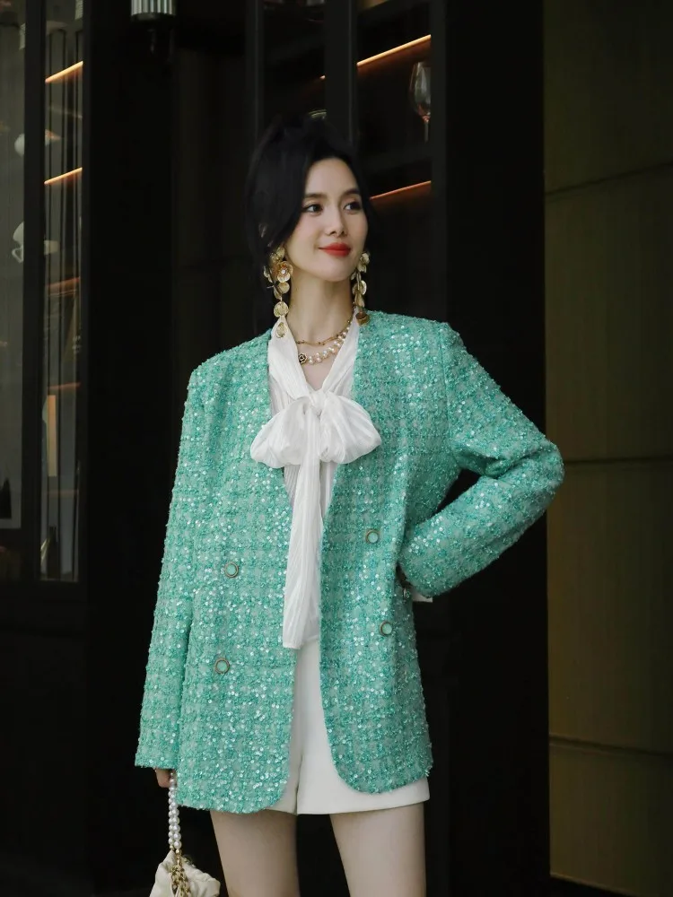 Chic Office Ladies V Neck Sequins Jacket High Quality Loose Double Breasted Sweet Party Coat Spring Autumn Womens Outerwear
