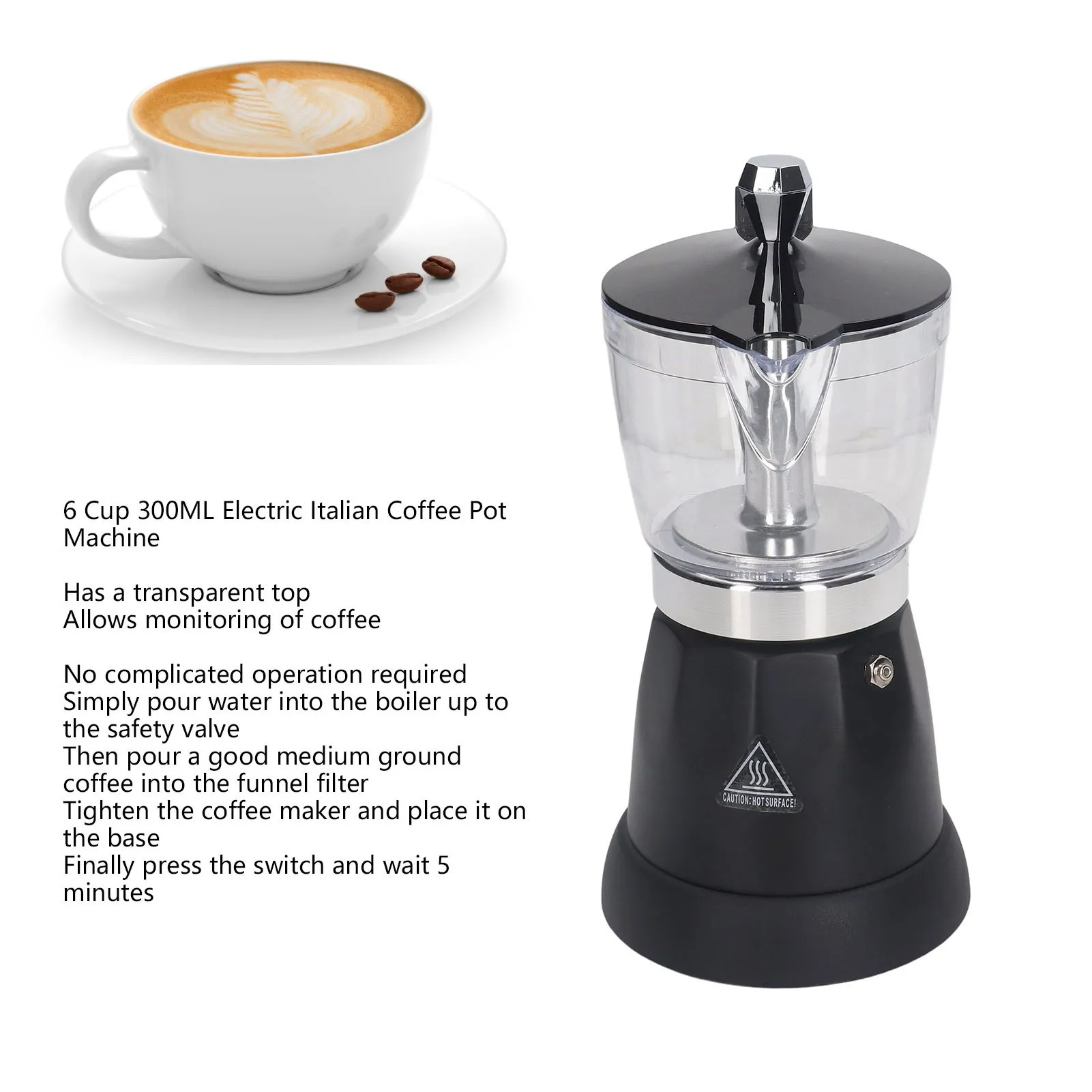Portable 6 Cup Electric Coffee Maker Transparent Top Italian Coffee Pot Machine 300ML for Home