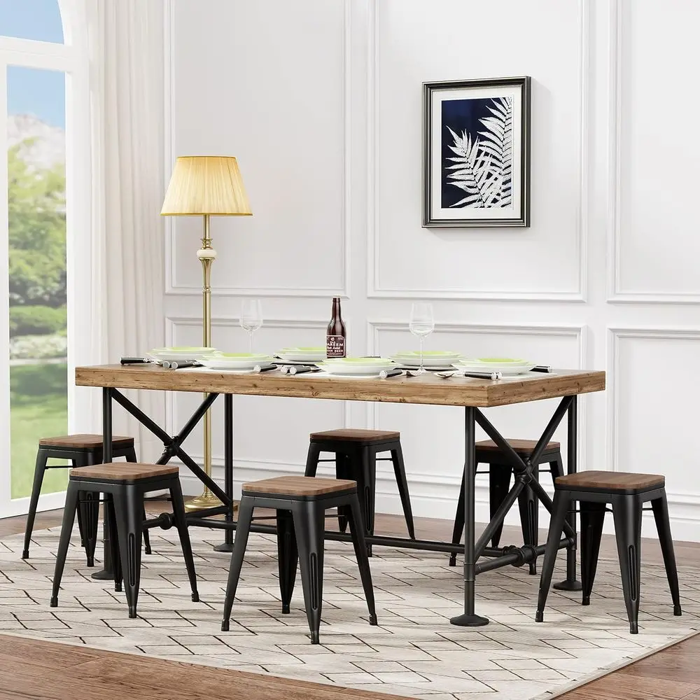18 Inch Stools Set o 4,Industrial Metal Dining Chair with Wooden Seat,Short Kitchen Bar Stools Stackable Stools or School,Classr