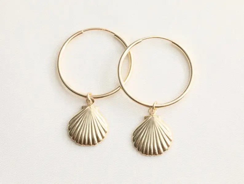 

14k Gold Filled Clam Shell Hoop Earrings: Beach Jewelry