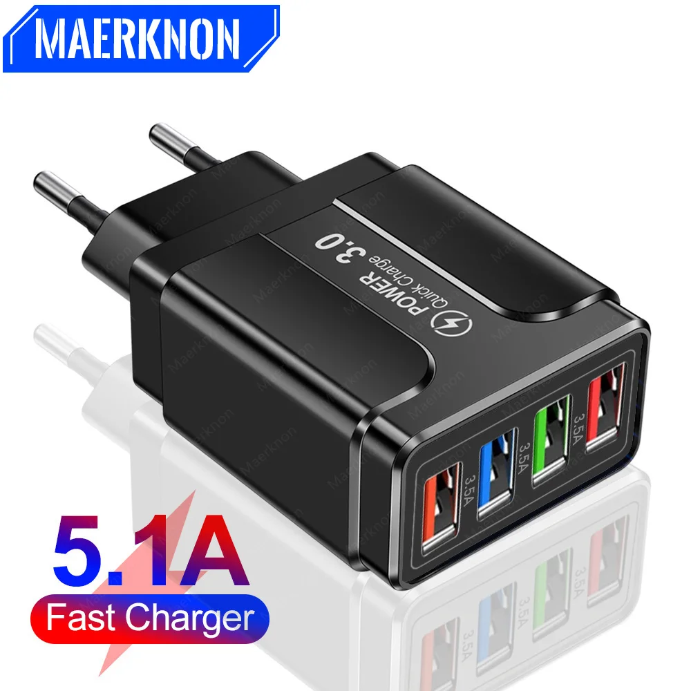 48W 4 Ports USB Charger Quick Charge 3.0 EU/US Plug Wall Charger For iPhone 14 13 Pro Samsung Xiaomi Fast Phone Charger Adapter