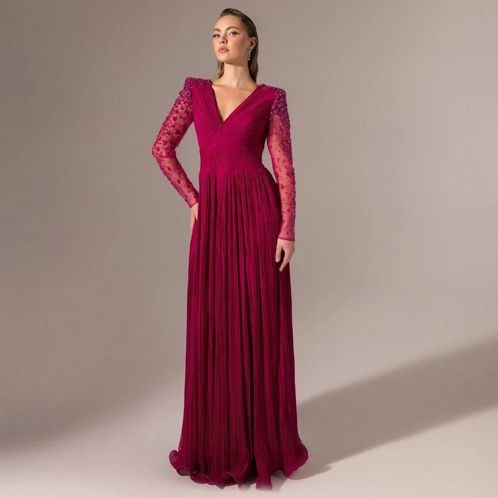 

Роскошное вечернее платье для женщин с v-образным вырезом и длинными рукавами, стразами, вечерние платья, плиссированное шифоновое длинное платье для выпускного вечера по индивидуальному заказу