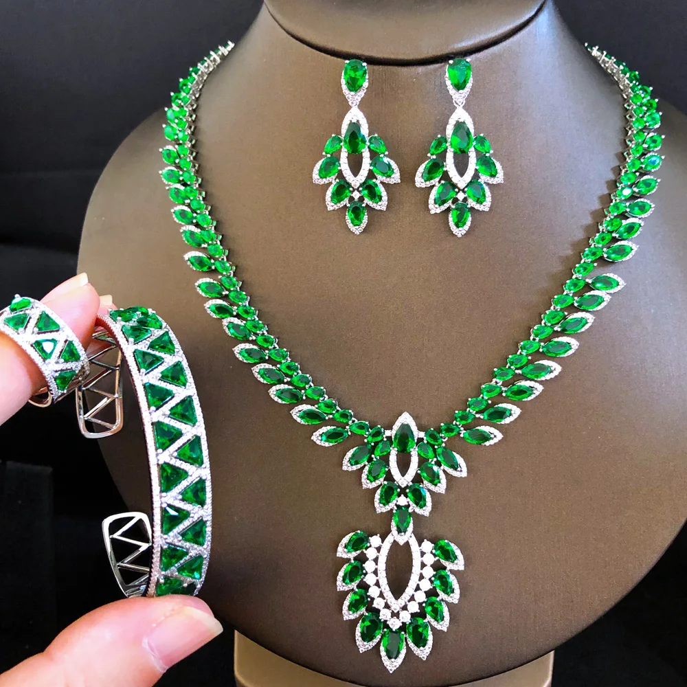 Missvikki Fashion Romantic Green Shiny Necklace Earrings Bracelet Ring Set for Women Girl Bridal Wedding Gift High Quality