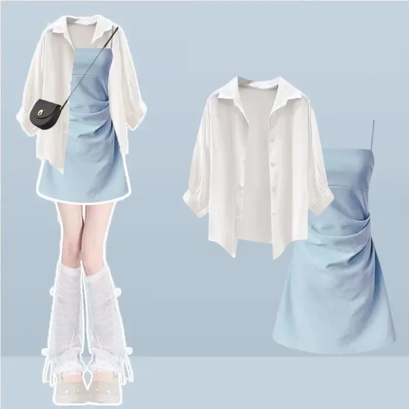 

2025 Women's Summer New In Fashion Dress Matching Set Lady Korean Elegant White Sunscreen Shirt+Sexy Strap Skirt Two Piece Suit
