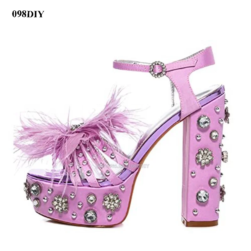 Palazzo Embellished Chunky Sandal In Purple Sparkle Thick Platform High Heel Sandals Women Feather Plumes Heeled Summer Shoes