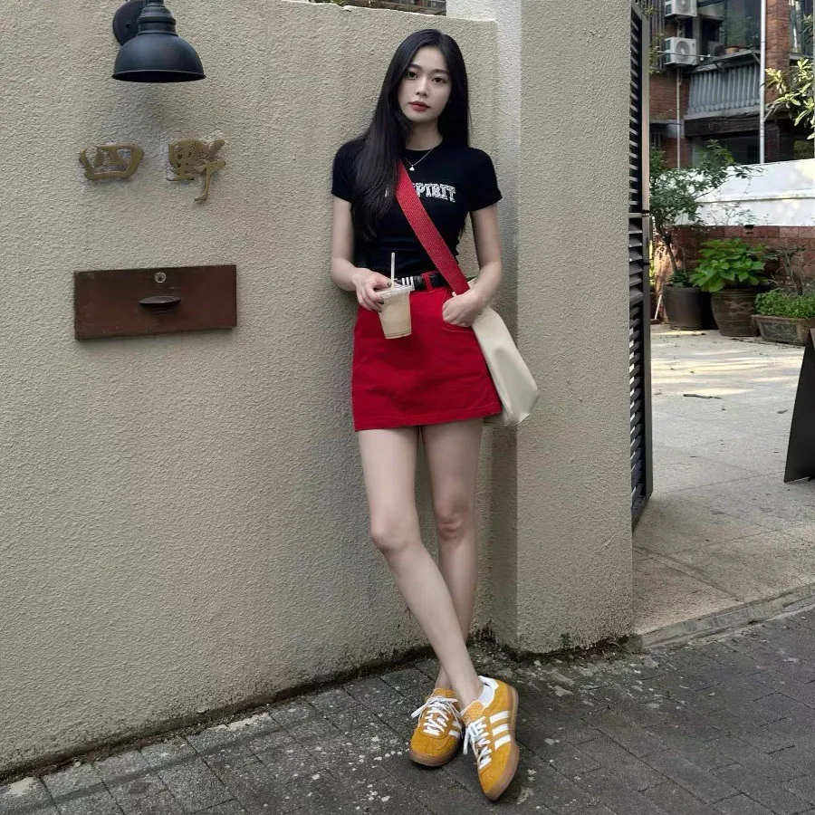 

Summer Red A-line Denim Short Skirt For Women American Casual Fashion Elegant Simple Retro Female High Waist Skirts