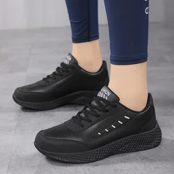 Women's Leather Sneakers Casual Sneakers Lace Up Flats Lightweight Comfortable Black Anti-slip Running Shoes Outdoor Sports