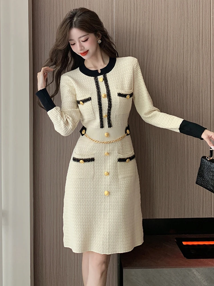 New Fashion Autumn Winter Formal Knitted Short Dress Women Ladies Clothing Sweater Chic O-Neck Slim Mini Mujer Stretchy Vestidos