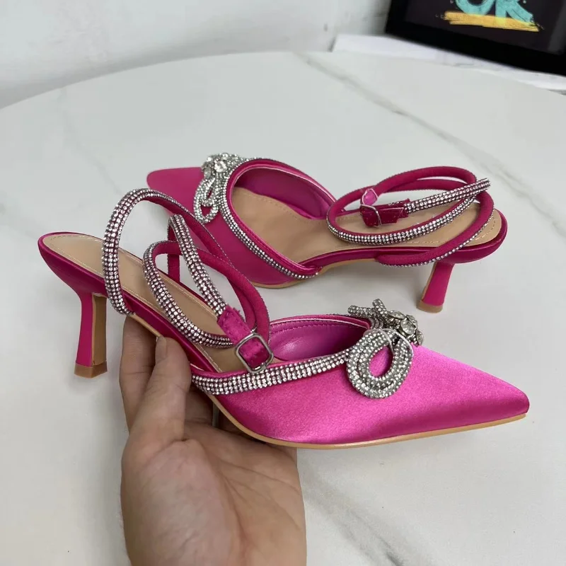 Ankle Strap Shoes for Women 2023 Summer Luxury Diamond Ladies Sandals Sexy Pumps High Heels Pointed Wedding Party Brand Footwear