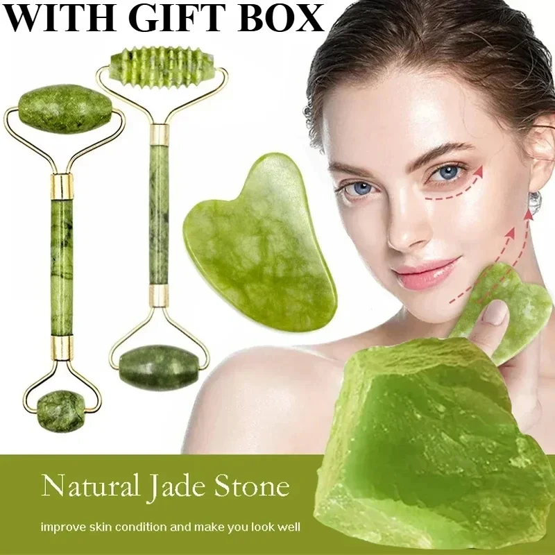 Natural Jade Roller Face Gua Sha Natural Stone Body Neck Massager Acupoint Eye Care Spa Massage Tools Visage Lifting Gift Box
