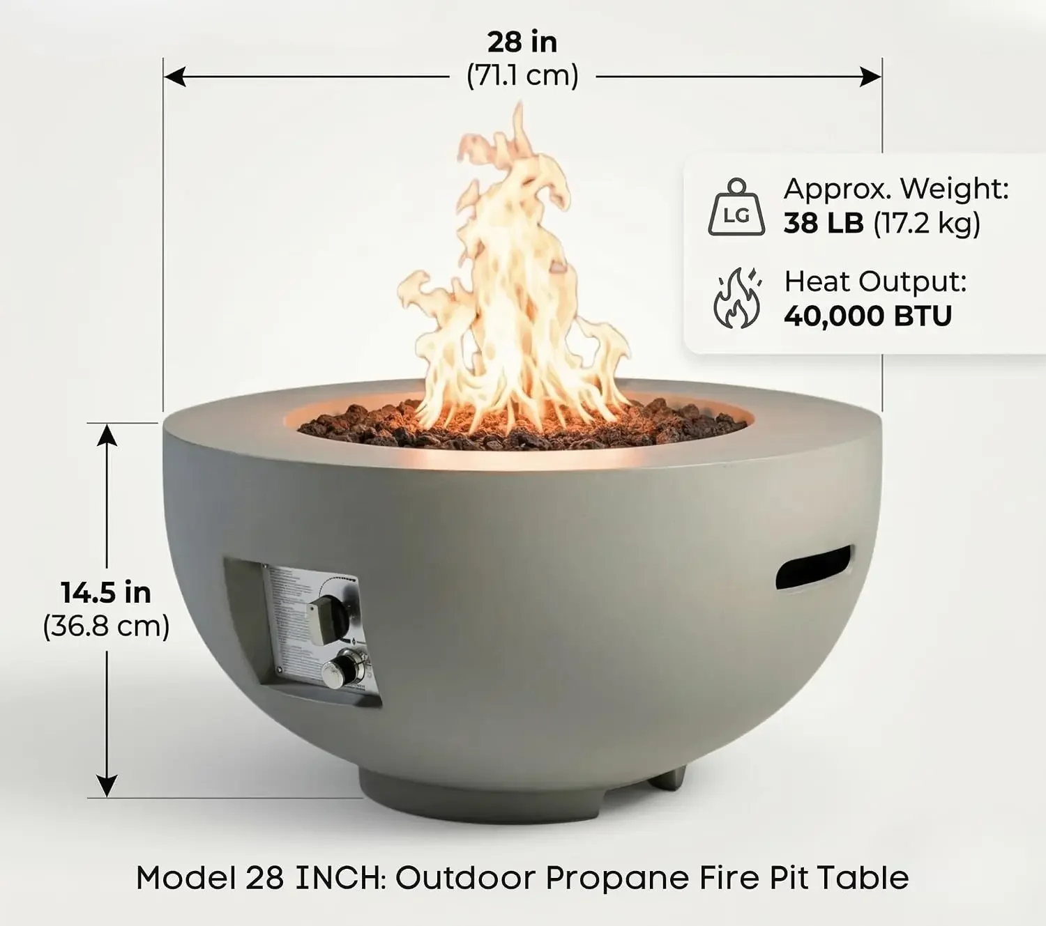 28 Inch Round Propane Fire Pit Table, 40,000 BTU Outdoor Gas Fire Pit Bowl with Lid, Lightweight Concrete Look Patio Fire