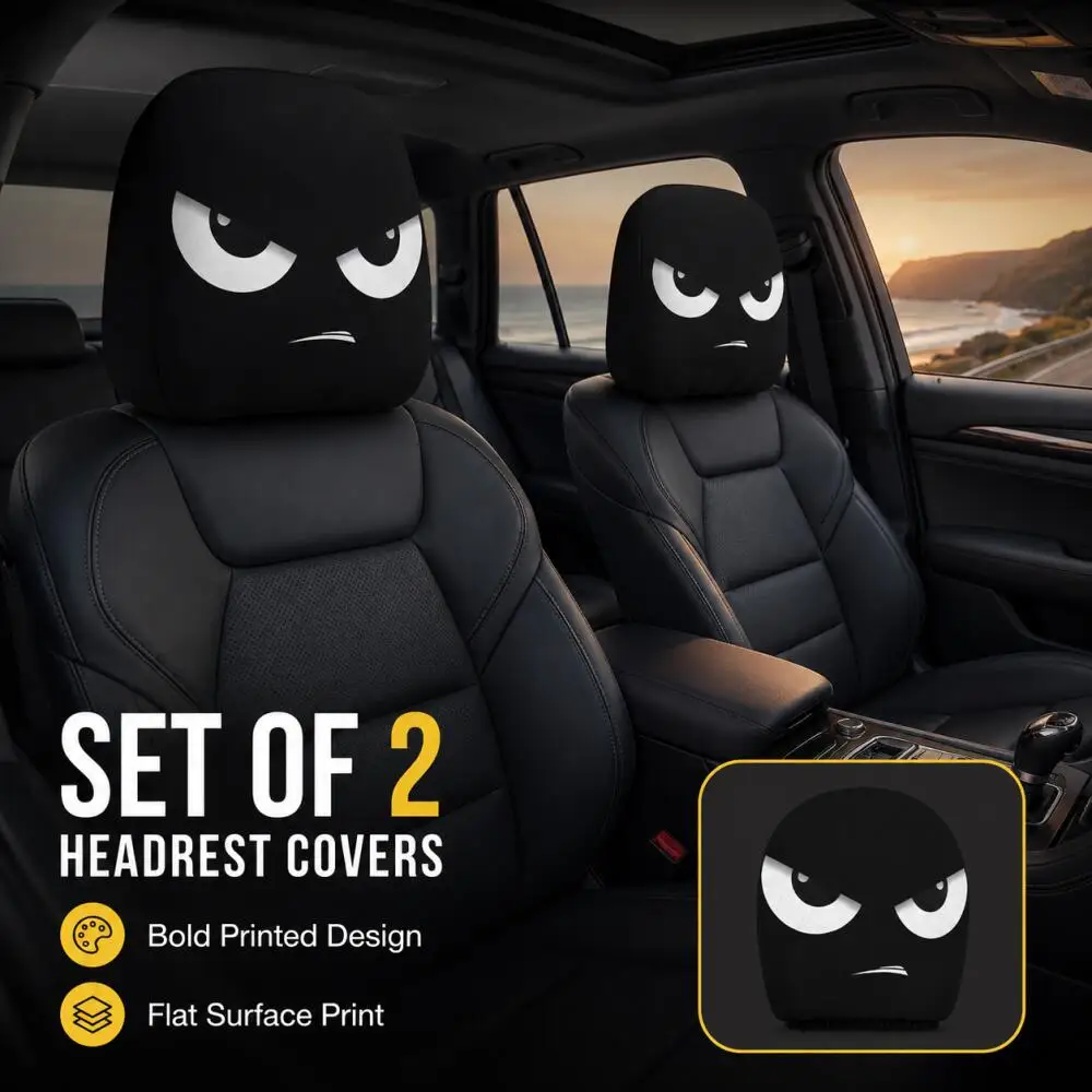 2PCS White Crooked Slant Eyes Car Headrest Covers 2D Double Print Universal Car Interior Decor Halloween Xmas Atmosphere Accesso