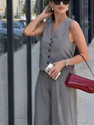 HH Women Fashion Solid Vests Adjustable Back Strap Single Breasted V Neck Sleeveless Waistcoat Fashion High Street Outwear