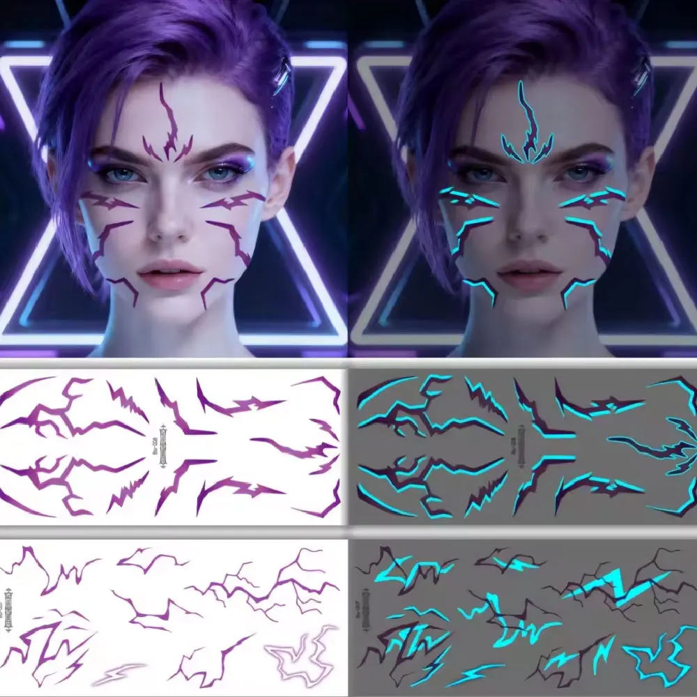 

4 шт. Kpop фиолетовые светящиеся в темноте водонепроницаемые временные тату-наклейки с эффектом молнии для женщин и мужчин, для рук и тела, имитация татуировки