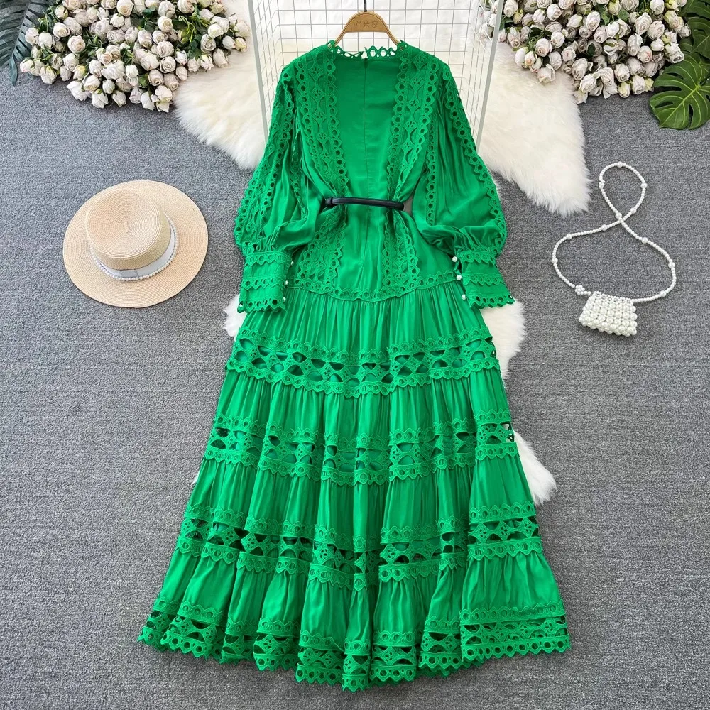 Vintage Green Women Dress Holiday Long Sleeve Evening Party Dresses Hollow Out Lace Patchwork White Vestidos Summer