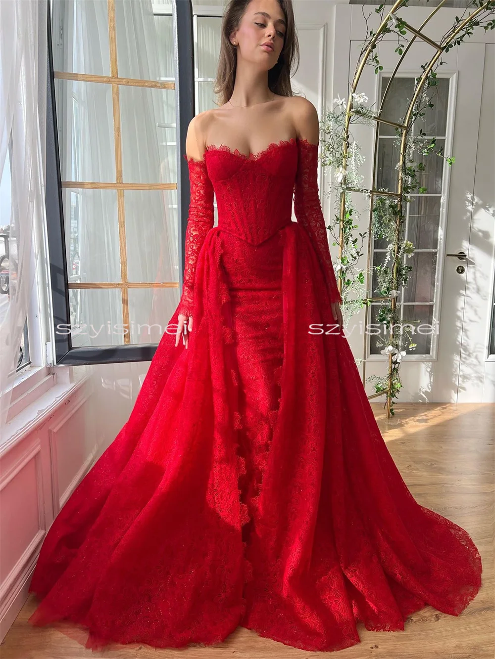 Sexy 3/4 Sleeves Full Lace Red Mermaid Wedding Dress Removable Long Train Custom Made Bridal Dress Vestido De Novial 2026