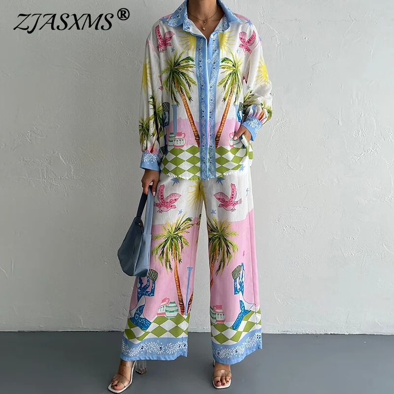 

Spring Coconut Tree Print Vacation Outfits Woman Single Breasted Shirt Coat & Long Pants Set Autumn Long Sleeve Loose 2pcs Suits