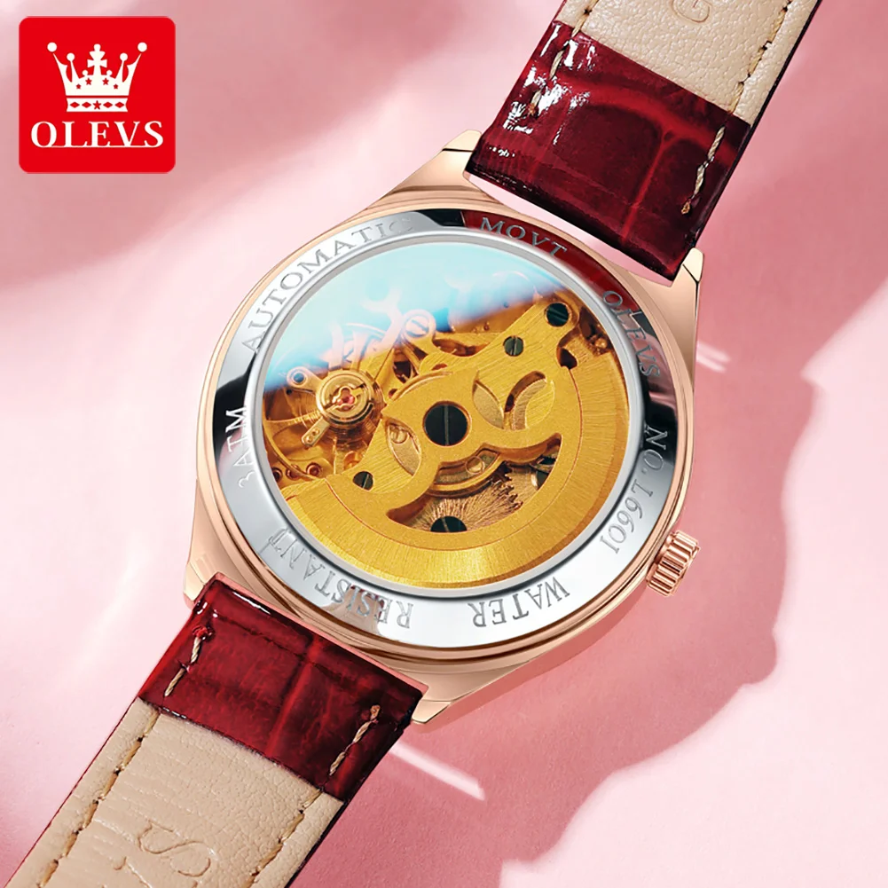 OLEVS Fashion Women Mechanical Watches Bracelets and Necklaces Set Leather Strap Luxury Hollow Ladies WristWatches Reloj Mujer