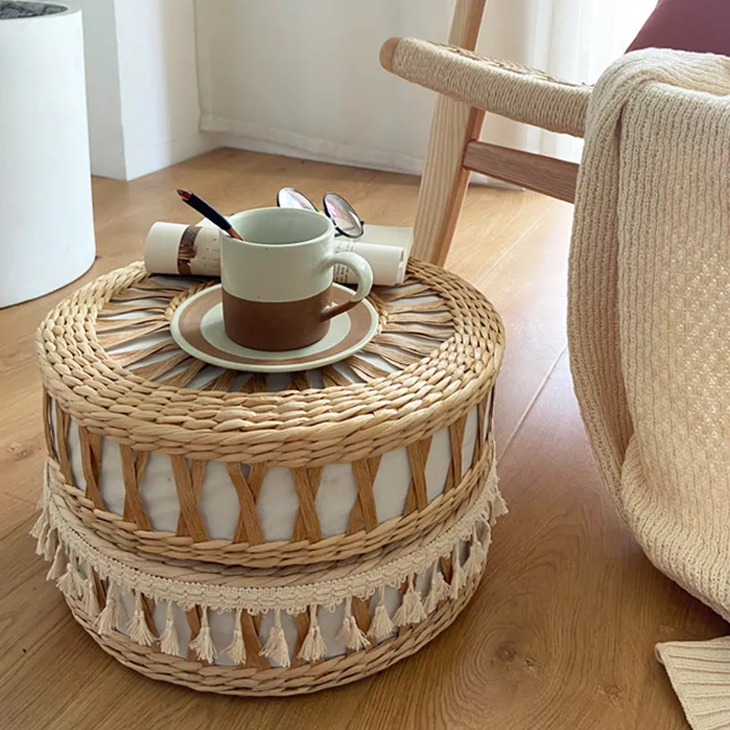 Handwoven Straw Meditation Cushion, Round Natural Fiber Zafu Pillow for Yoga & Zen, Tatami Floor Seat, Boho Style Pouf Ottoman