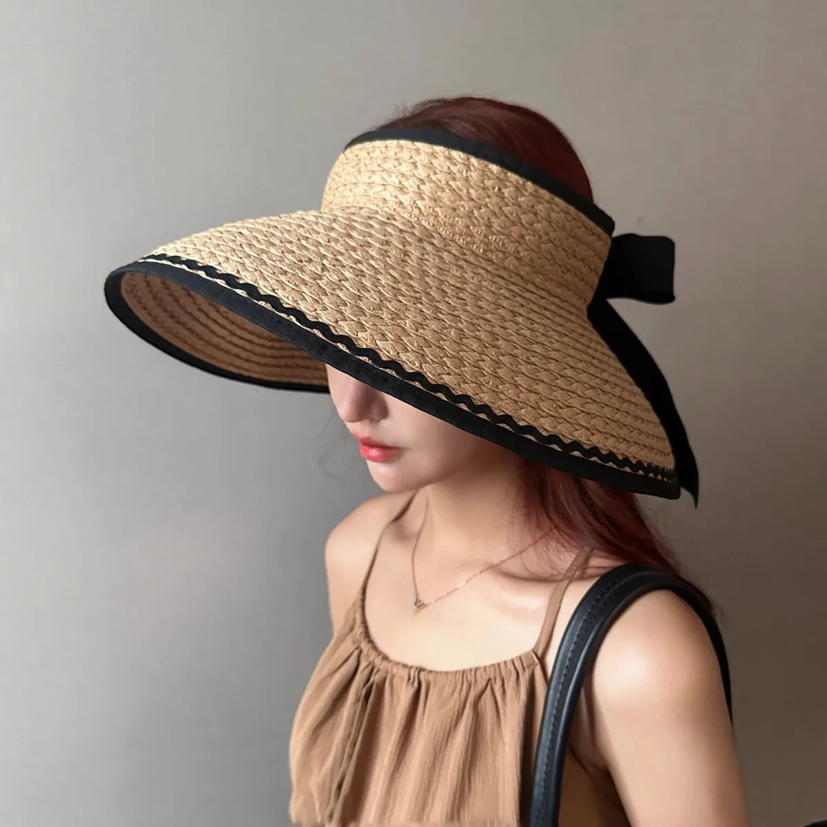 Khaki Wide Brim Open Top Straw Sun Hat For Women Uv Protection Face Cover Summer Beach Vacation Travel Outdoor Bow Decor Sun Cap