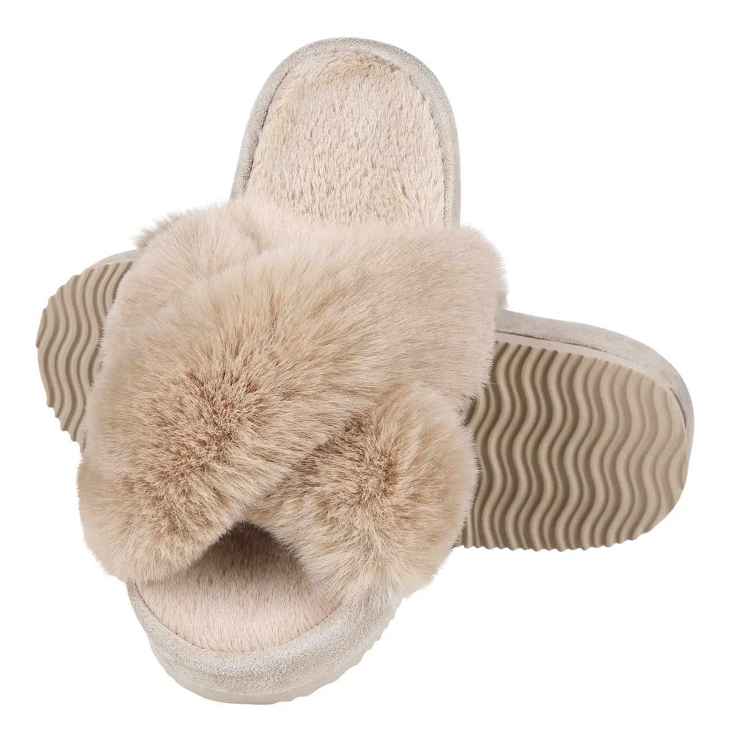 Comwarm Fashion Fur Thick Sole Slides Women's Cross Band Fuzzy Slippers Winter Fluffy Open Toe House Slippers Indoor Flat Shoes