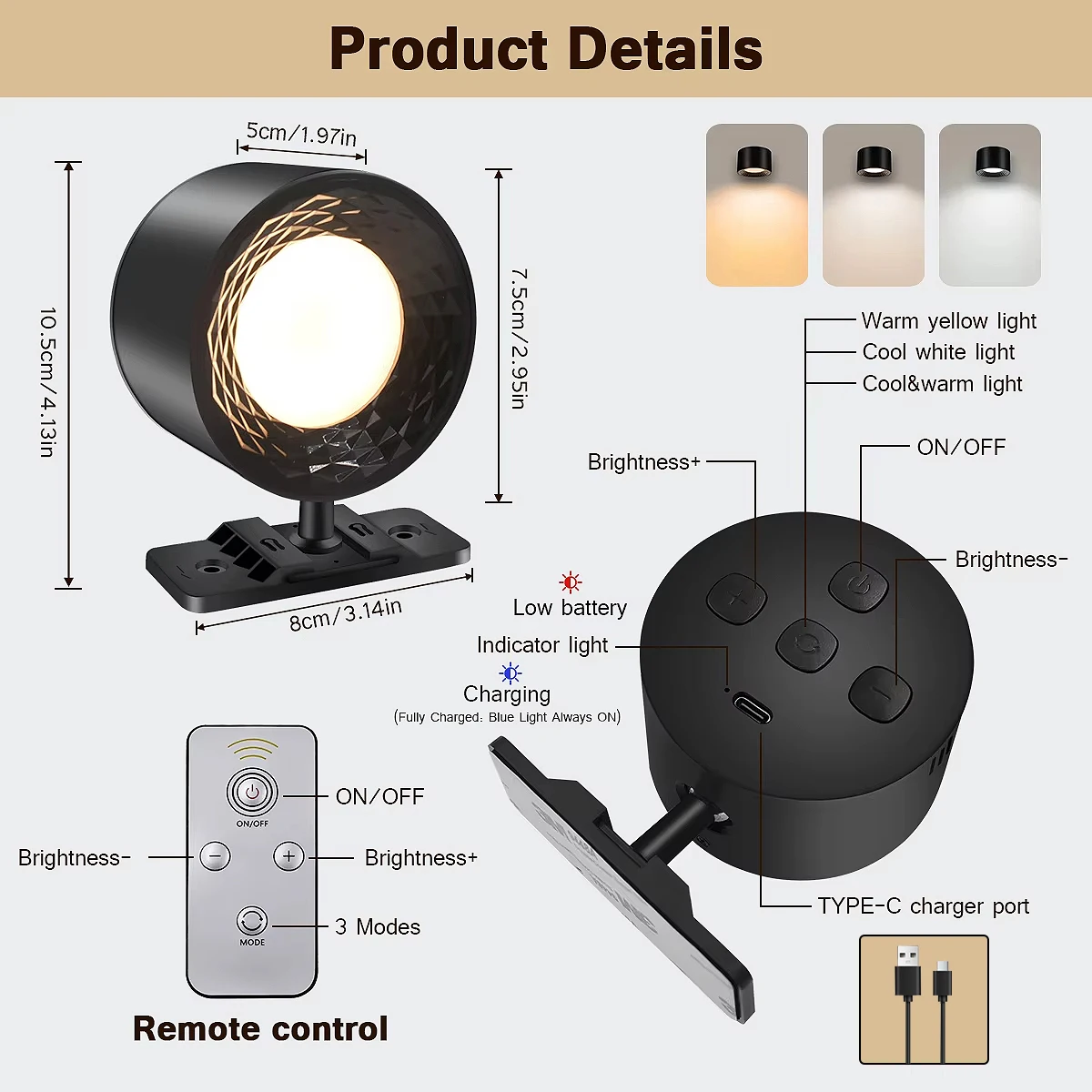 LED Wall Lights Mounted Reading with Remote Sconces Lamp With 3 Color Temperatures Magnetic 360° Rotation Cordless for Home Bulb image 2