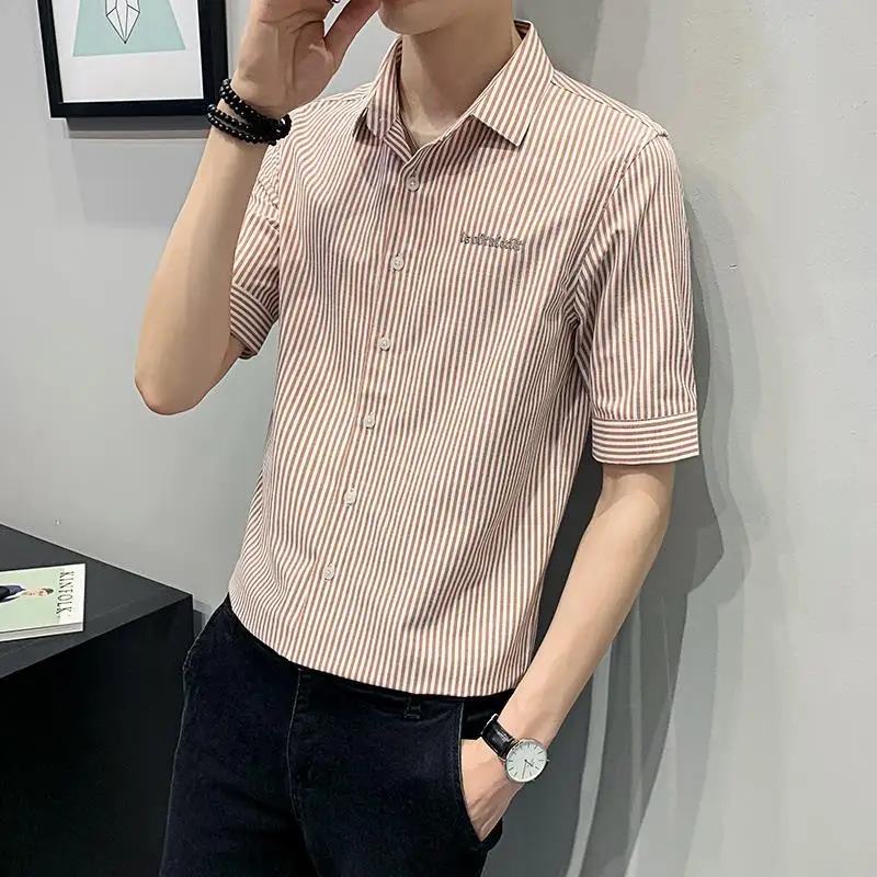 

Green Male Top Half Sleeve Men's Shirt and Blouse Striped Clothes Korean Style Button Hipster Xxl Asia Casual Silk Social Summer