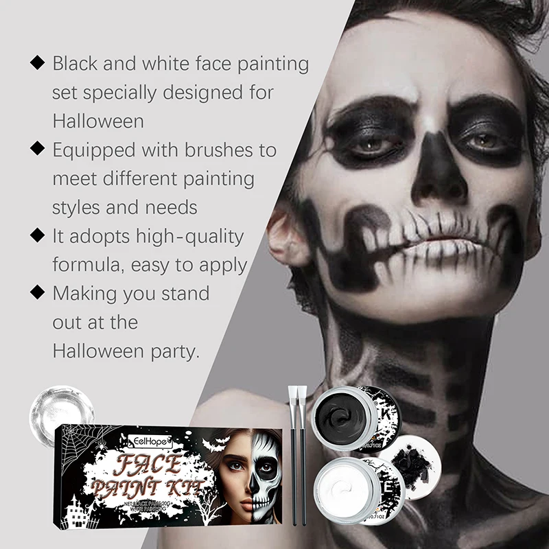 Black & White Face Body Paint Kit with Brushes Long-Lasting Makeup For Halloween Festive Fun Makeup Accessories Makeup Set