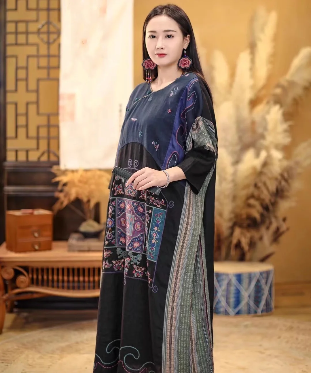 100% linen vintage dress Chinese style loose embroidery robe long dresses fashion plus size spring dress ethnic women clothes