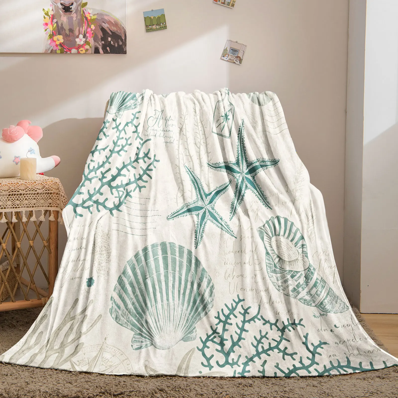 Vintage Nautical Throw Blanket Retro Starfish Shell Print Soft Plush Fleece Blanket Lightweight Sofa Bed Travel Flannel Blanket