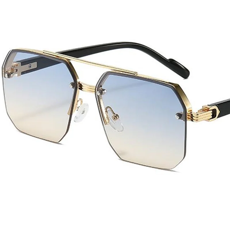 Moda sem aro óculos de sol unisex anti-uv óculos retro polígono ornamental duplo feixe óculos de sol