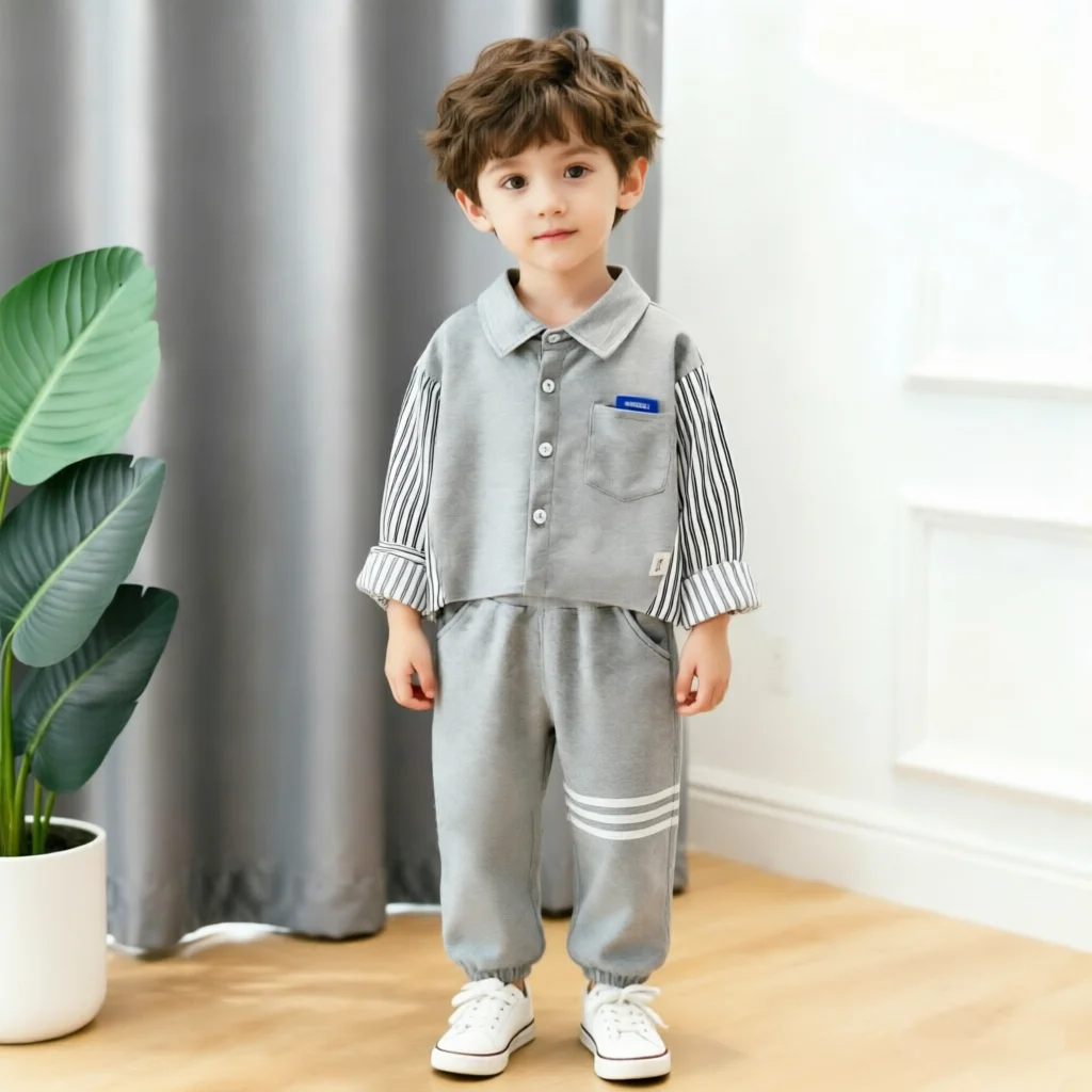 

Весенне-осенний комплект для маленьких мальчиков: стильная хлопковая рубашка в полоску с лоскутным узором + спортивные штаны, детский спортивный костюм из 2 предметов, одежда для детей 1-6 лет