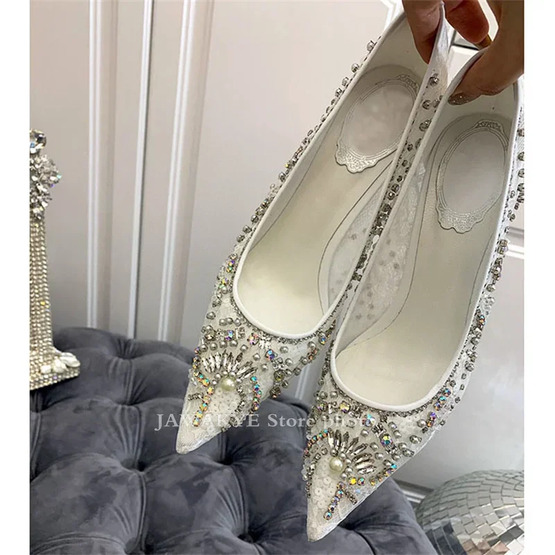 Sapatos de salto alto de renda para mulheres incrustados grânulo corda sandálias stiletto formal sapatos de festa de noiva mujer verão bombas de cristal senhoras