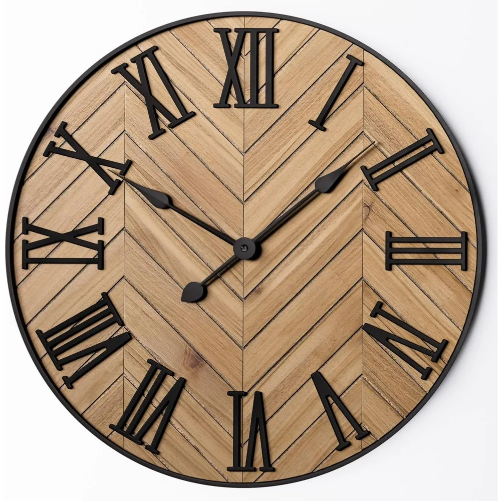 

Large Wall Clock, 24 Inch Silent Metal & Wood Wall Clock, Farmhouse Wall Clock with Roman Numerals for Living Room Decor