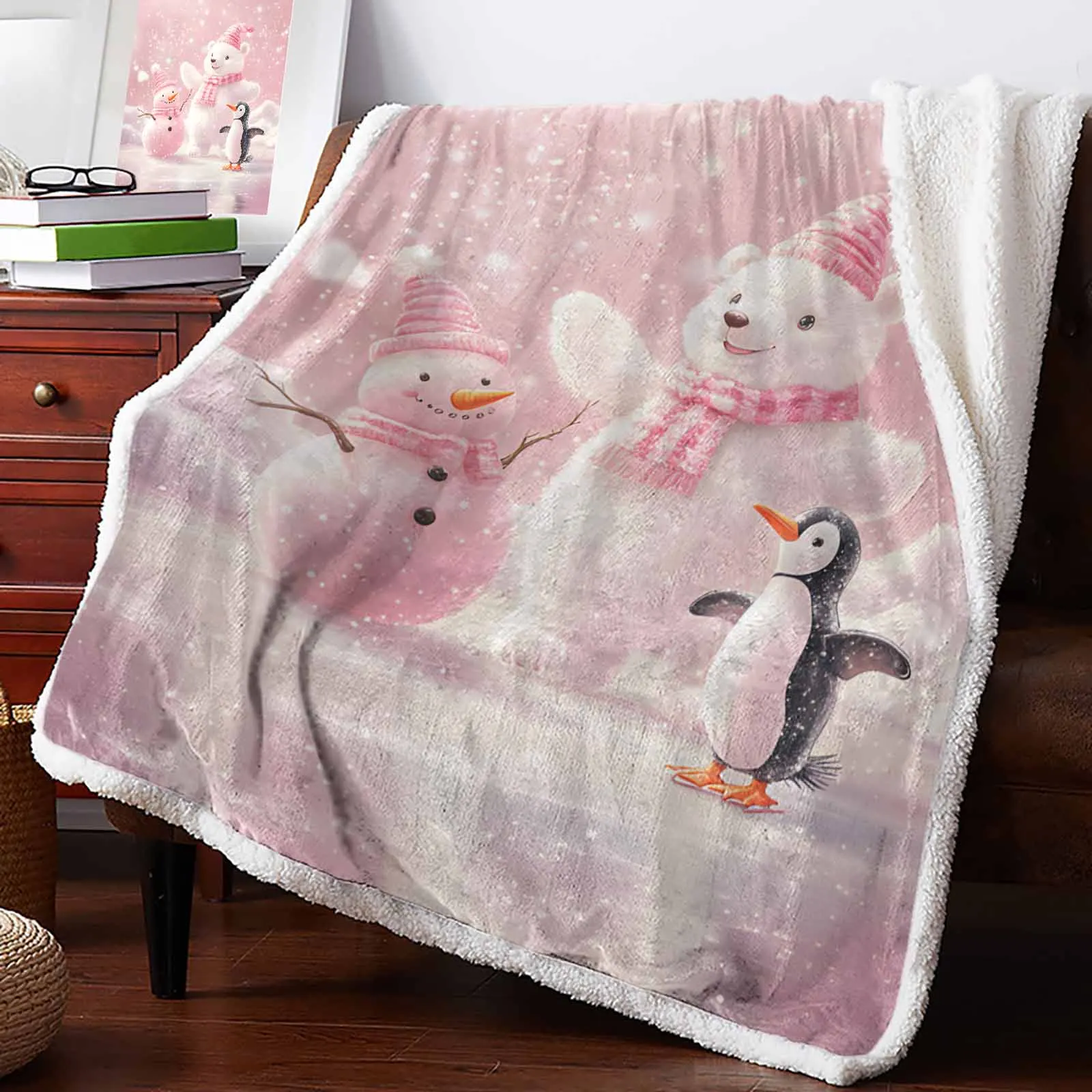 Christmas Pink White Bear Penguin Winter Warm Cashmere Blanket Office Sofa Soft Throw Blanket Kids Bed Bedspread