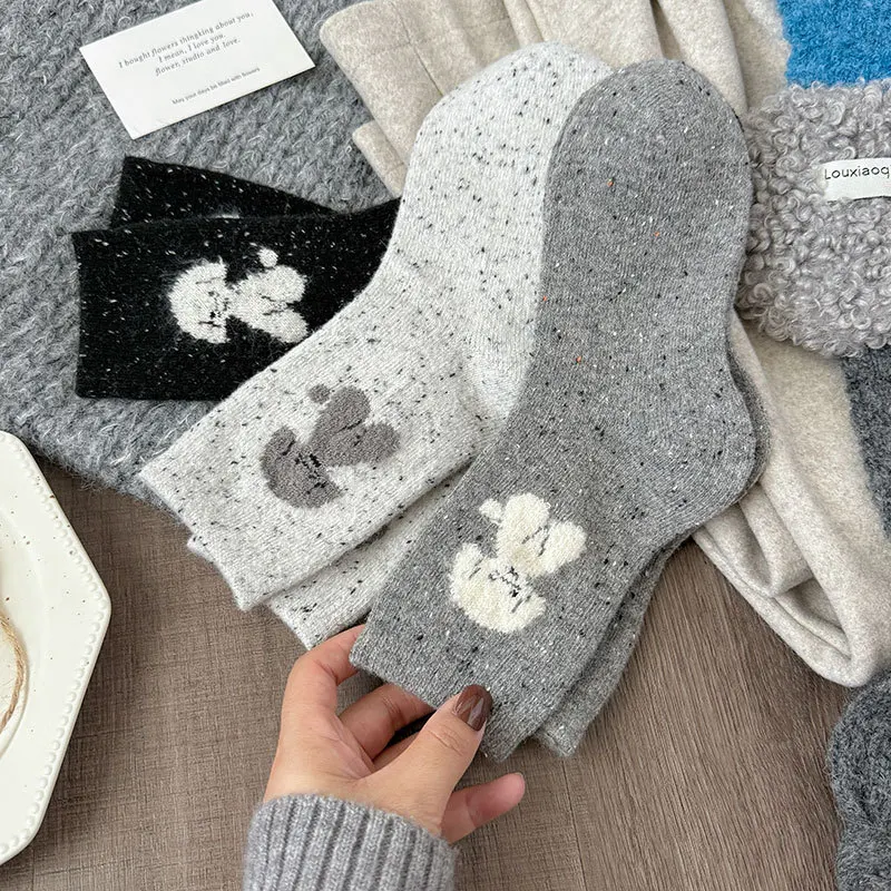3 Pairs Thickened Wool Socks with Plush Dog and Dot Yarn for Autumn Winter Warmth Mid Tube Women Socks Gray Gray Korean Version