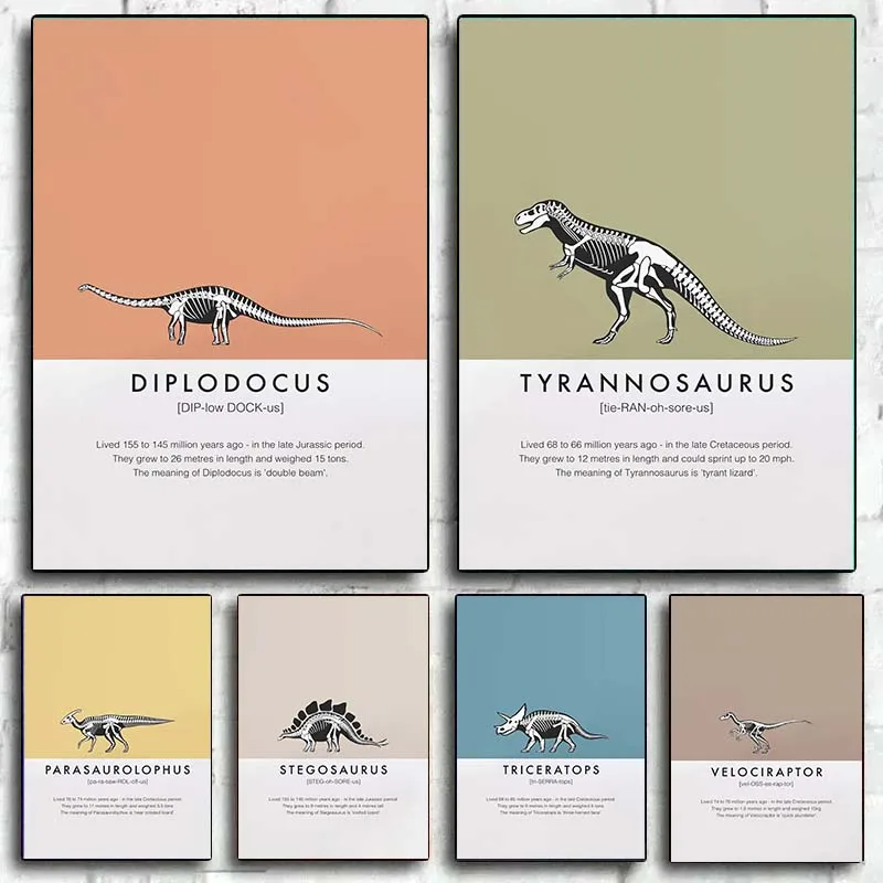 Velociraptor Diplodocus Dino lienzo impresión información de dinosaurio póster imágenes artísticas de pared para guardería niños dormitorio decoración de sala de juegos