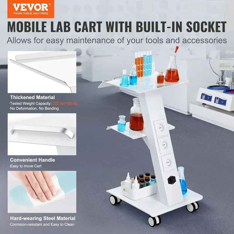 Rolling Esthetician Cart 3 Built-in US Sockets Metal Utility Cart